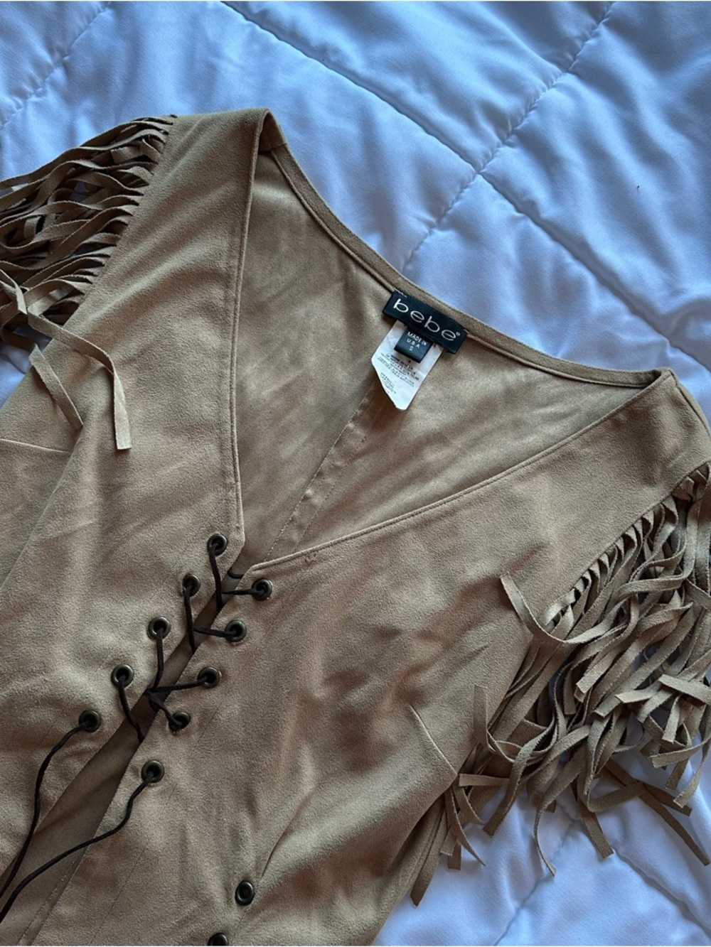 bebe Tan Fringe Lace-Up Asymmetric Corset Top - Picture 2 of 5